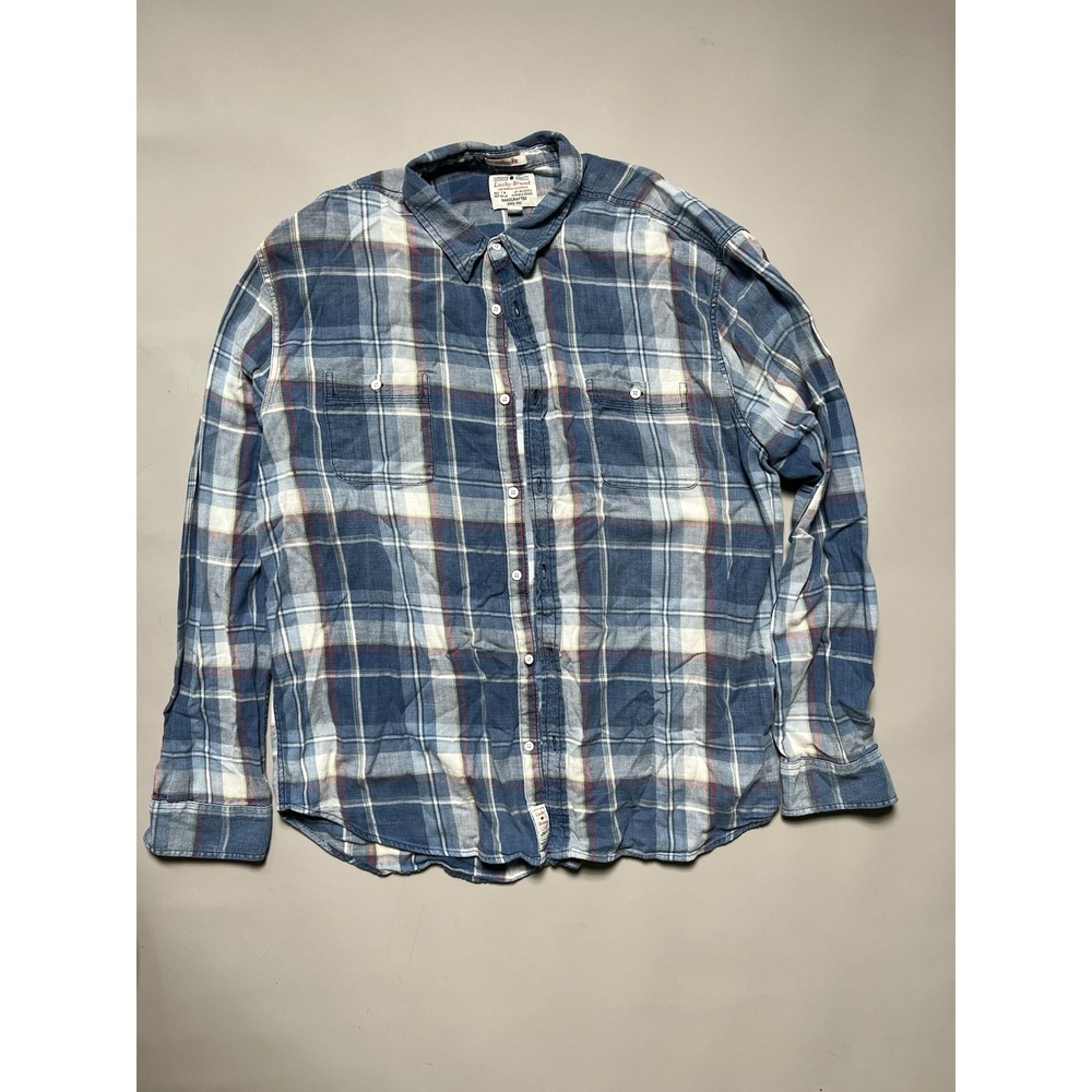 Lucky Brand Men's L Blue Red White Plaid Cotton Flannel Button-Up Shirt Pocket